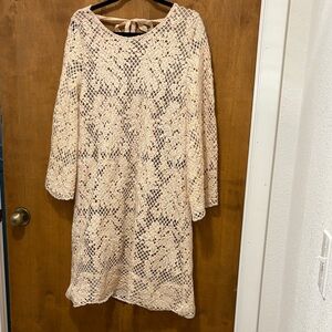 422. Skies Are Blue Blush Crochet Lace Long Sleeve Shift Dress